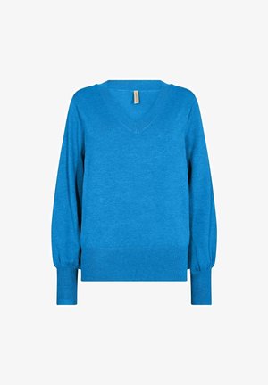 Blauer Pullover mit V-Ausschnitt und langen, weiten Ärmeln. Hergestellt aus weichem Material, mit gerippten Bündchen und Saum. Glatte Oberfläche ohne sichtbare Muster.