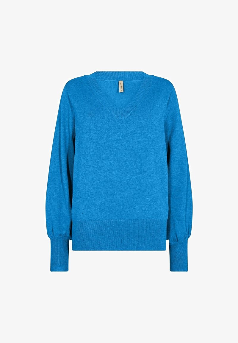 Suéter azul de cuello en v con mangas largas y amplias. Hecho de material suave, con puños y dobladillo acanalados. Textura lisa sin patrones visibles.