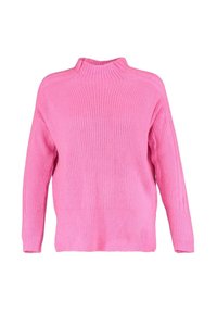 Maglione rosa lavorato a maglia con collo alto, maniche lunghe e coste testurizzate. Presenta una vestibilità morbida con spacchi laterali all'orlo.