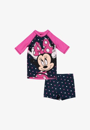 Set da bagno per bambini blu navy e rosa con il volto di Minnie Mouse e pois; top a manica lunga e pantaloncini abbinati.