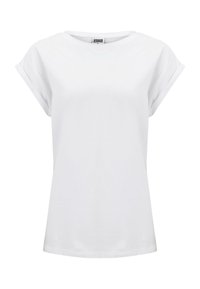 Weißes Baumwoll-T-Shirt mit kurzen, aufgerollten Ärmeln, rundem Ausschnitt und lässiger Passform. Sanfte Textur, schlichtes Design ohne Muster.