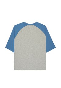 Kurzärmeliges Raglan-T-Shirt mit hellem grauem Körper und blauen Ärmeln, von hinten auf weißem Hintergrund gezeigt.