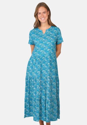 Blumenmusterkleid in Blau-Schattierungen, mit kurzen Ärmeln, Schlitz-Ausschnitt, gestuftem Rock und einem leichten Stoff.