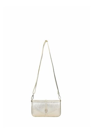 Petit sac à bandoulière rectangulaire métallique argenté avec une longue sangle réglable et un rabat avant sécurisé par une boucle.