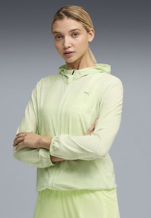 Light green, hooded jacket made from smooth material with a zip closure. Features elastic cuffs and a subtle logo on the chest.