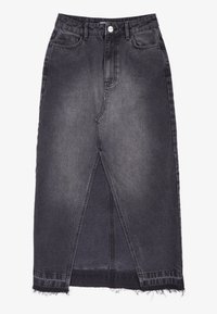 Jeanskjol i m�örkgrått med hög midja, framdelning, fransad nederkant och två sidofickor. Klassisk femficksdesign.