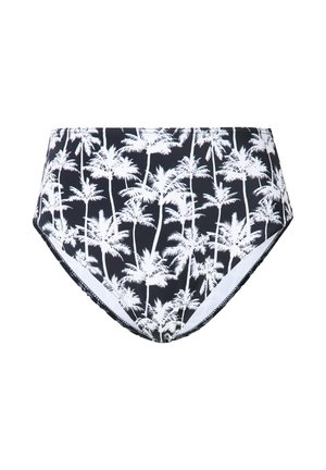 Schwarze hoch-taillierte Bikinihose aus Stoff mit einem weißen Palmenmuster. Glatte Textur mit elastischem Bund und ohne sichtbare Hardware.