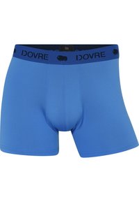Blå boxer briefs med en tætsiddende pasform, med en kontrasterende mørkeblå talje, hvor mærkenavnet "IDOVRE" er trykt i sort. Glat tekstur.