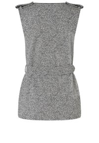 Haut sans manches texturé gris et blanc avec une taille ceinturée et des accents d'épaule. Présente une coupe droite et un col rond.