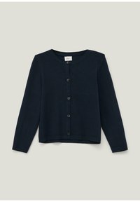 Marineblauer Kardigan mit langen Ärmeln, Rundhalsausschnitt und vorderem Knopfverschluss. Hergestellt aus weichem Stoff, mit glatter Textur und ohne Muster.
