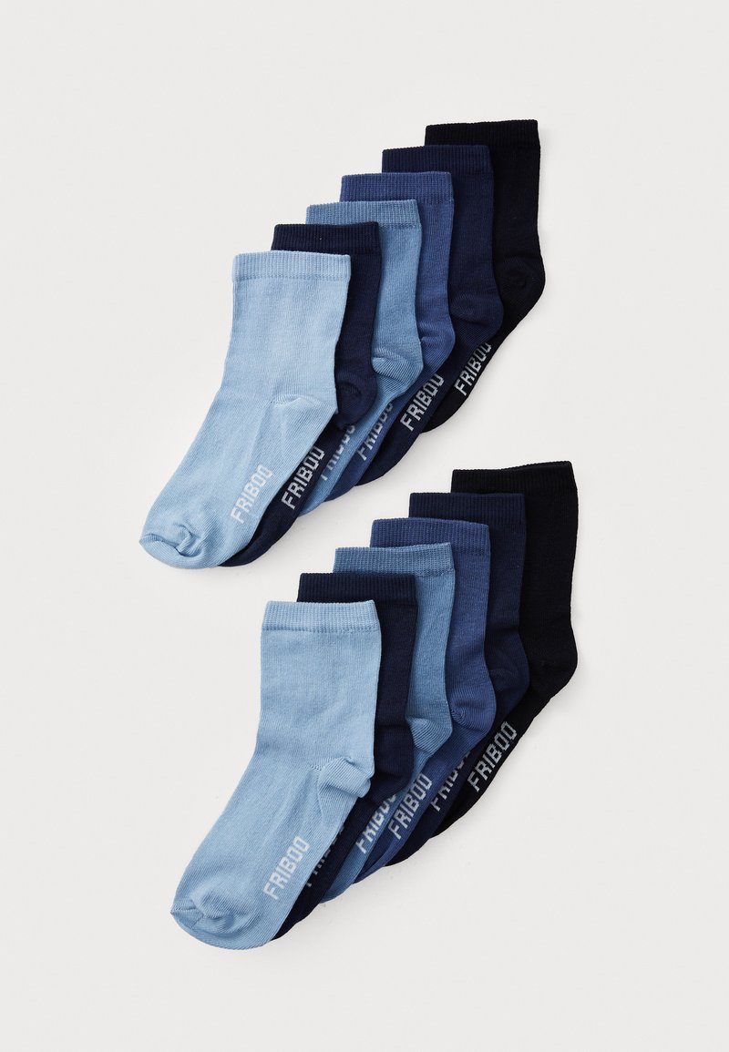 Ensemble de chaussettes dans des nuances de bleu et de bleu marine, présentant une texture lisse et des poignets côtelés. Chaque chaussette est étiquetée "FRIBOO" sur le côté.