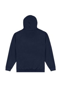 Felpa con cappuccio blu navy realizzata in tessuto morbido; presenta una tasca a marsupio, polsini a costine e una vestibilità comoda; design semplice senza fantasie.
