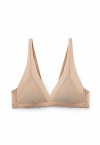 Hladká braletka ve tvaru trojúhelníku bez vyztužení s tenkými ramínky. Obsahuje síťové panely a elastický podklad pro podporu. Bez kostice.