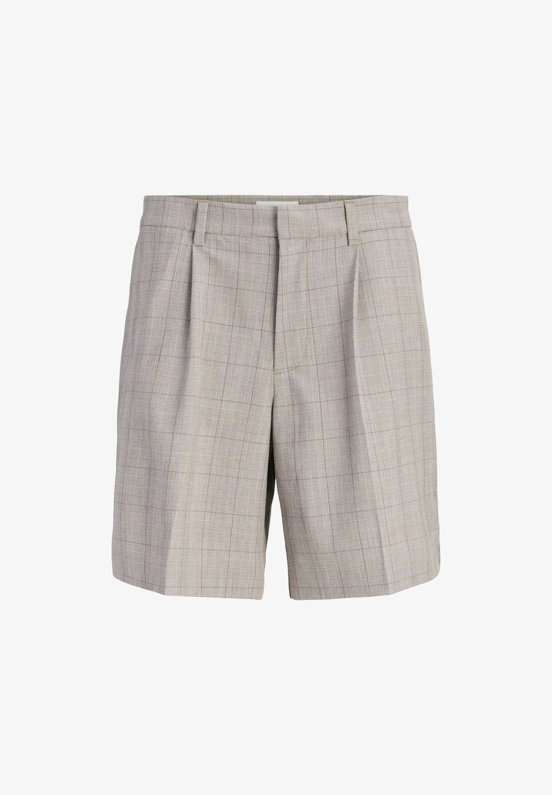 Short beige à carreaux ajusté avec passants de ceinture, plis devant et fermeture éclair frontale cachée.