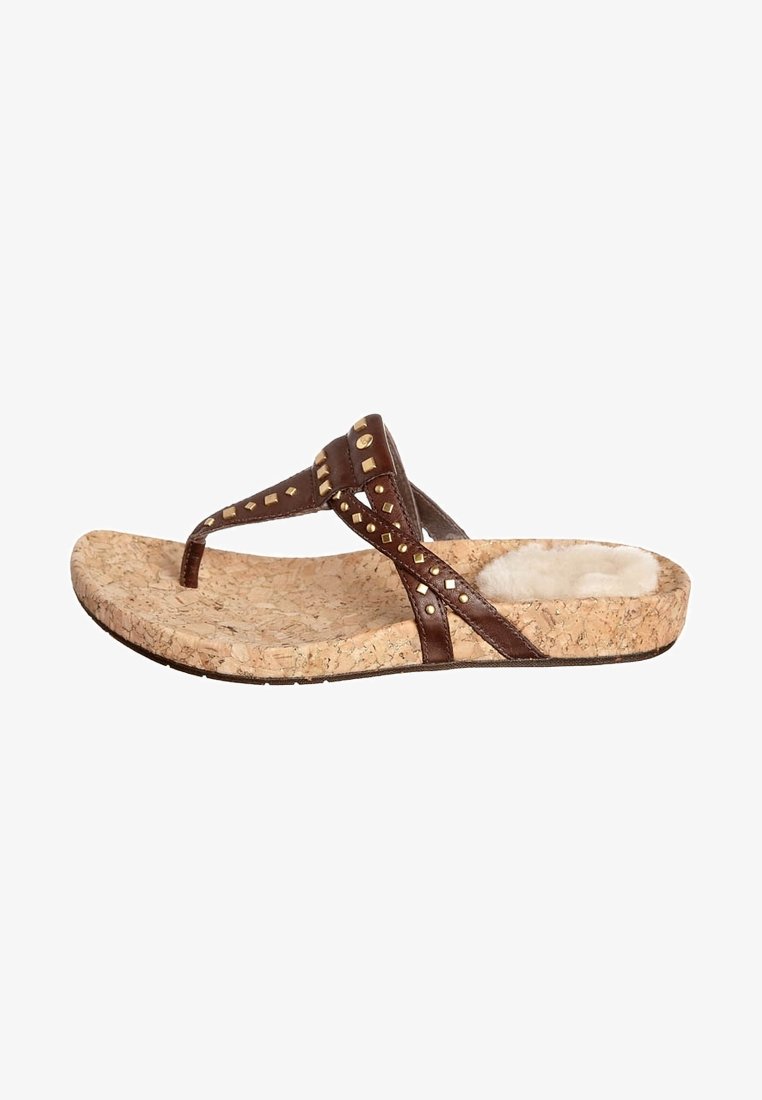 Brown leather flip-flop sandal with cork sole. Features decorative gold studs, textured band, and soft inner lining for comfort.