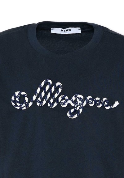 Maglietta nera a girocollo con scritta "Morgan" in stile corda bianca e blu navy sulla parte anteriore, etichettata MSGM Kids.