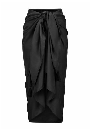 Schwarzer Midirock mit Knoten vorne, drapiertem Stoff und Quastendetails an den Enden der Schnürung.