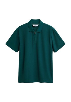 Polo verde scuro a maniche corte con texture a coste e colletto anteriore con mezza zip.