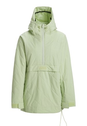 Light green quilted jacket with a hood, half-zip front, and a logo patch. Features adjustable cuffs and drawstring hem for fit.