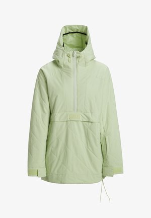 Light green quilted jacket with a hood, half-zip front, and a logo patch. Features adjustable cuffs and drawstring hem for fit.