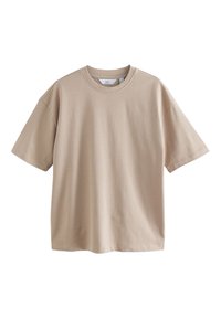 Beige short-sleeve crew neck t-shirt with a relaxed, oversized fit, displayed against a white background.