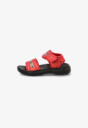 Sandalia infantil roja y negra con correas ajustables, logo de Spider-Man y diseño de telaraña en la correa superior.