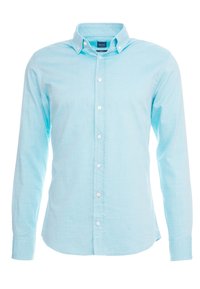 Jasnoniebieska koszula z długim rękawem i kołnierzykiem na guziki, o klasycznym kroju i zapięciem na guziki z przodu. Wykonana z lekkiego materiału.