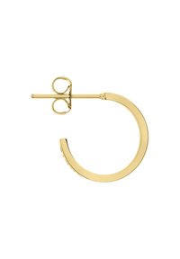 Gouden hoopoorbel met een cirkelvorm, een gladde oppervlakte en een veilige post-back sluiting. Heeft een subtiele gepolijste afwerking.