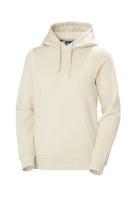 Crème-kleurige hoodie van zacht materiaal, voorzien van een voorzak, een capuchon met trekkoord en geribbelde manchetten. Eenvoudig, casual ontwerp.