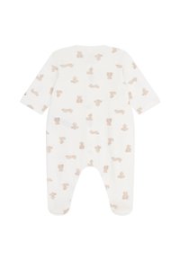 Hvit babyromper med lys brun teddy-bjørn mønster, lange ermer og fotdesign. Mykt stoff med rund halslinning og trykknappstengning.