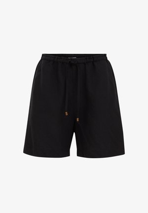 Mustad lühikesed püksid kerge kangaga, millel on elastne vöökoht ja nöör ning puidust aktsendid. Lihtne, sirge lõikega disain.