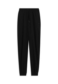 Pantalones jogger negros hechos de tela suave, con cintura elástica con cordón, puños ajustados y bolsillos laterales.