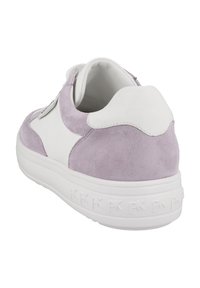 Purple suede and white leather sneaker with a rounded shape and textured design, featuring a white rubber sole and subtle branding on the side.