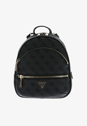 Sac à dos noir avec finition texturée, équipé de ferrures couleur or, d'une poche avant zippée et d'une plaque logo. Forme arrondie avec bretelles réglables.