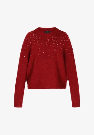 Czerwona sweter z dzianiny, z okrągłym dekoltem i długimi rękawami, ozdobiony dekoracyjnymi kamieniami w rozsypanym wzorze z przodu.