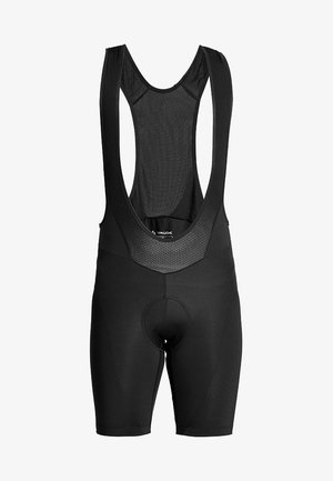 Black cycling bib shorts with a mesh upper for breathability. Features a padded seat insert and curved seams for comfort and fit.