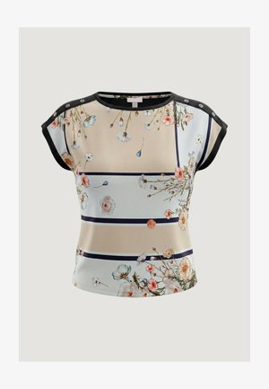 Bluzka z krótkim rękawem w beżowe i białe poziome paski, delikatne wzory kwiatowe, czarne wykończenia oraz zatrzaski na ramionach.