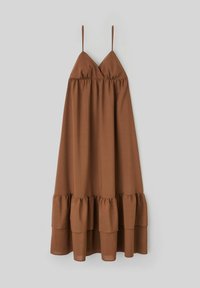 Robe brune sans manches avec un ourlet volé et un corsage froncé. Dotée de fines bretelles et d'un tissu léger et lisse.