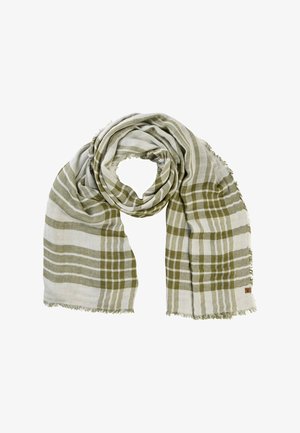 Light gray and olive green plaid scarf with frayed edges, loosely folded with a visible small fabric tag on one end.