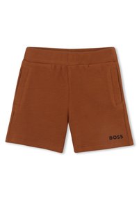 Shorts in cotone marrone con finitura testurizzata, cintura elastica e due tasche laterali. Presenta un logo "BOSS" nero sul lato sinistro in basso.