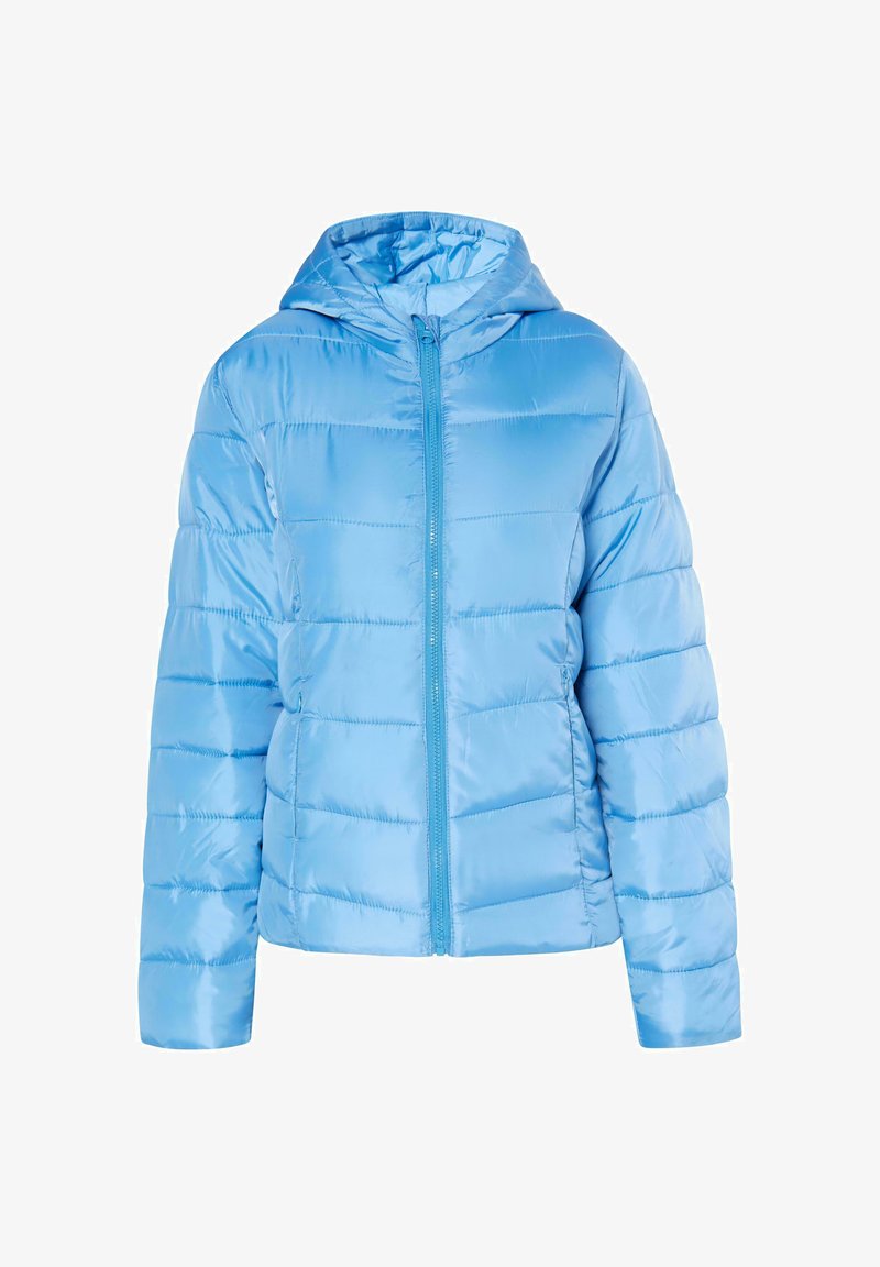 LYSEBLÅ Polstret Jakke med Hætte, der har en fuld lynlås foran og horisontalt quiltet design. Glat, skinnende stof med en blød tekstur.