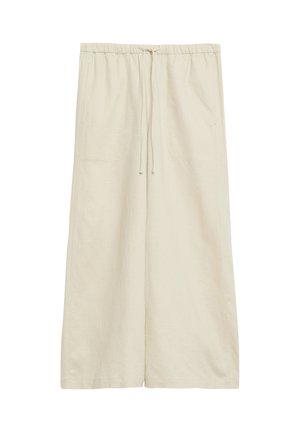Pantaloni beige a gamba larga con vita elastica e coulisse, con tasche applicate davanti.