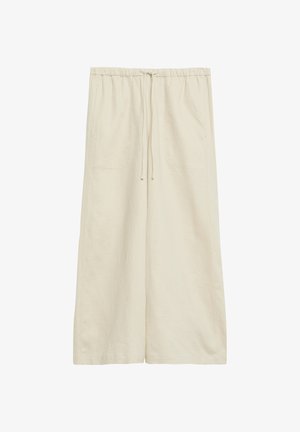 Beige Hosen mit weitem Bein, elastischem Bund und Kordelzug, mit aufgesetzten Taschen vorne.