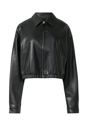 Schwarze gekürzte Lederjacke mit einem Reißverschluss, Stehkragen und elastischem Saum. Verfügt über eine glatte, glänzende Textur und lange Ärmel.