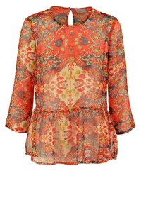 Blusa rossa e con motivo in tessuto trasparente, con maniche lunghe, schiena a chiave e vita elastica per una vestibilità comoda.