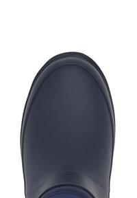 Stivale in gomma blu navy con punta arrotondata, finitura liscia e suola flessibile; presenta un rivestimento in tessuto alla caviglia per il comfort.