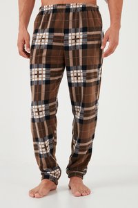 Brune ternede pyjamasbukser lavet af blødt stof, med hvide og marineblå accenter, elastisk talje og tætsiddende cuffs.