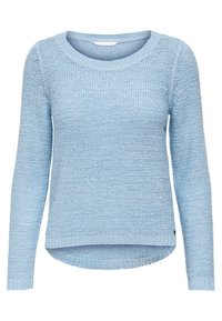 Lichtblauwe gebreide trui met lange mouwen, ronde hals en een gestructureerde afwerking. Kenmerkt zich door een iets langere achterzoom en ribbelrand aan de onderkant.