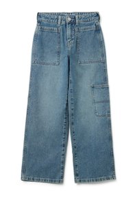Pantalones vaqueros de denim azul de pierna ancha con un acabado descolorido, que cuentan con dos bolsillos frontales, un bolsillo cargo lateral y pasadores para el cinturón.