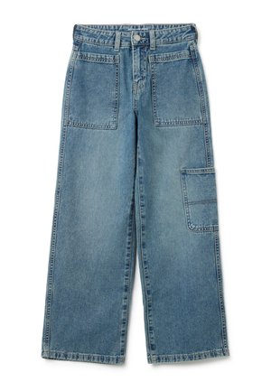 Wijdvallende blauwe denim jeans met een verouderde afwerking, voorzien van twee voorzakken, een zijvak en riemlussen.